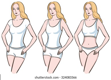 Three blonde women dressed in white underwear on a white background.