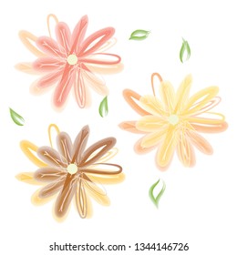 Three blooming flowers surrounded by leaves vector color drawing or illustration