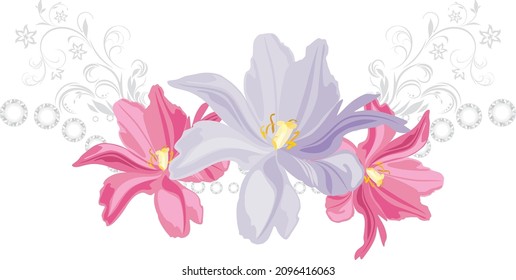 Three blooming tulips in decorative design. Vector