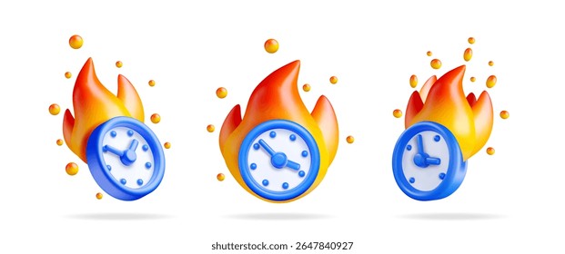 Three blue 3d alarm clock icon set with orange flames, fiery time urgency concept for business deadline.