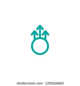 three blue arrows up and circle icon. Isolated on white. Upload icon. Upgrade sign. Growth symbol. North pointing arrow. Flat process icon. Good for web and software interfaces. 