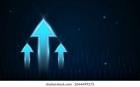 Three blue arrows directed point upward with Gradient realistic vector illustration, three blue arrows pointing up concept for growing up finance, trading up trend, digital vector