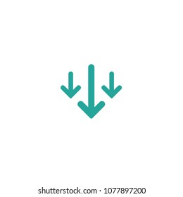 Three Blue Arrows Down Icon. Download Sign. Fall, Decrease Symbol  Isolated On White. Vector Flat Button.