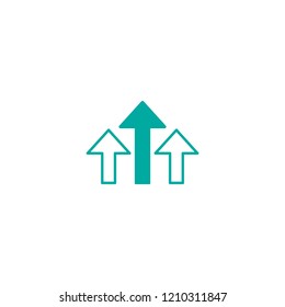 three blue arrows up icon. Isolated on white. Upload icon.  Upgrade sign. Growth symbol. North pointing arrow.