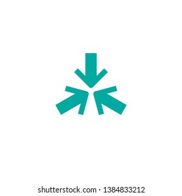 Three blue arrows point to the center. Triple Collide Arrows icon. Merge directions icon. Vector illustration. Isolated on white. 