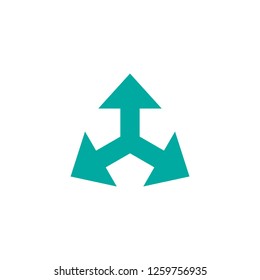 Three blue arrows point out from the center. Expand Arrows icon. Outward Directions icon. Vector illustration. Isolated on white. 