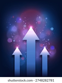 Three blue arrows soar upward against dark night sky background with glowing bokeh and sparkles, high energy business event to growth and future success