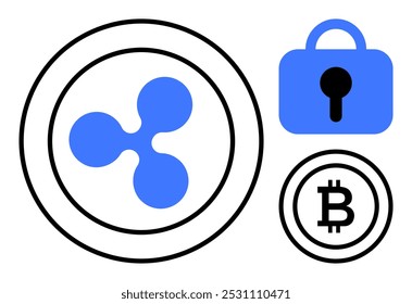 Three blue and black symbols. Ripple logo within a circle. Blue lock indicating security and encryption. Bitcoin logo within a circle. Ideal for cryptocurrency blockchain technology digital finance