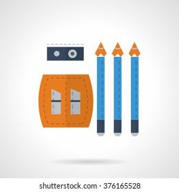 Three blue black-lead pencils and yellow sharpener front and top view. School supplies. Drawing tools. Vector icon flat color style. Web design element for site, mobile and business.