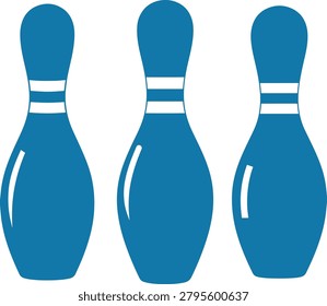 Three blue bowling pin silhouette icons arranged in a row with white stripes.