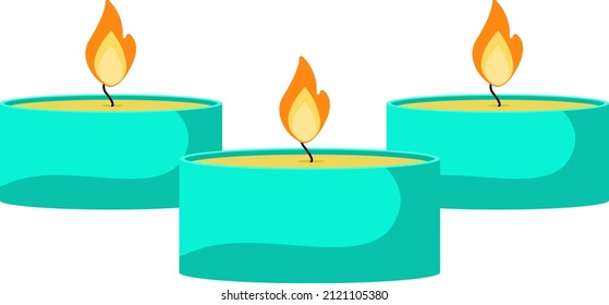 Tres velas azules, ilustración, vector sobre un fondo blanco.