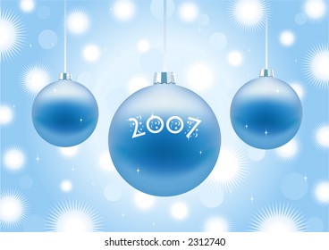 Three blue Christmas balls on snowy background