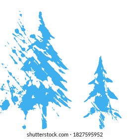 Three blue Christmas Trees. Black and white card. Winter symbols collection. Vector Illustration.