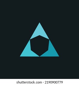 Three Blue Colored Arrow Heads Made A Triangle And A Negative Space Shield Vector Logo. Suitable For Company, Product, Technology, Apps, Software, Computer, And Business.