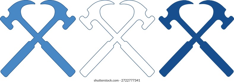 Three blue colored hammers icons in different shades isolated on transparent background