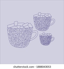 Three blue cups with marshmallow.Contour drawing