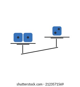 three blue dices on the scale pan, two separate dices are heavier than single one even sum of dices number is equal, concept of importance of single separate opinion