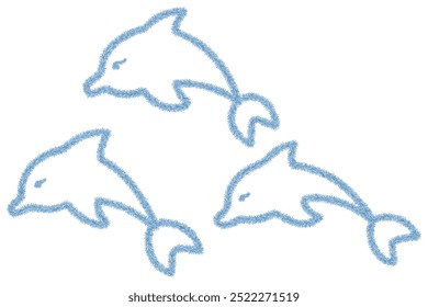 Three blue dolphins made of tinsel. Color vector illustration. Isolated white background. Collection of plush sea mammals. Ocean inhabitant with fins and tail. Idea for web design.