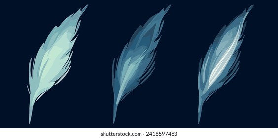 three blue feathers on a dark background. Feathers. The decor is made of fashionable blue feathers, dark background.