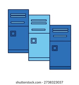 Three blue filing cabinets standing side by side