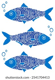 Three blue fish. Blue drawing of fish for a coloring book. Drawing in linear style. Vector illustration