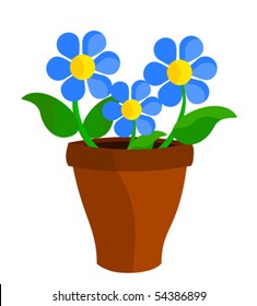 Three blue flowers in flowerpot