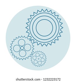 Three blue gears on a light blue background. White round frame. Work, mechanics, settings