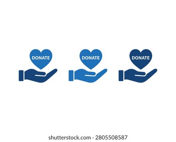 Three blue hands in a cupped gesture holding blue hearts with the word donate inscribed on them.
