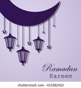 Three blue hanging lantern with stars on the month on a light background. Ramadan Kareem. Vector illustration.
