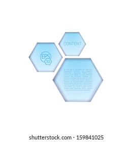 Three blue hexagon shaped text boxes in an abstract geometric scalable vector composition for web, print, brochure, infographics or for universal use