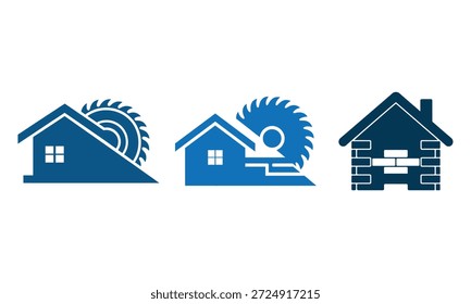 Tres casas azules con sierras circulares y construcción de paredes de ladrillo