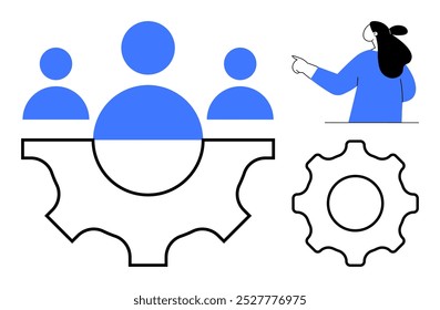 Three blue human figures are inside a large gear outline with a smaller gear next to it. A person points towards the figures and gears. Ideal for teamwork, collaboration, process optimization