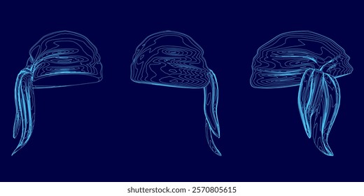 Three blue images of a hat with a long tail. The hats are all different sizes and styles