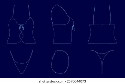 Three blue images of a woman's underwear, one of which is a bikini top. The images are all in blue. The mood of the images is abstract and artistic