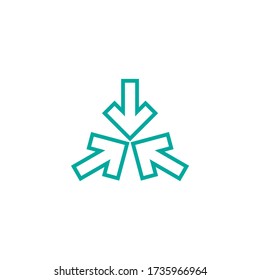 Three blue  line arrows point to the center. Triple Collide Arrows icon. Merge directions icon. Vector illustration. Isolated on white. 