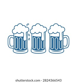 Three Blue Line Art Beer Mugs On White Background