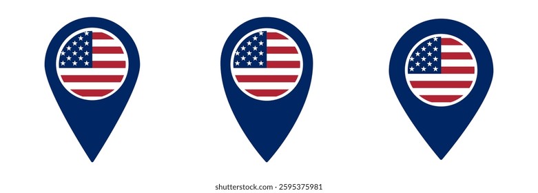 Three blue location pins featuring the united states flag symbol inside each. symmetrical design.