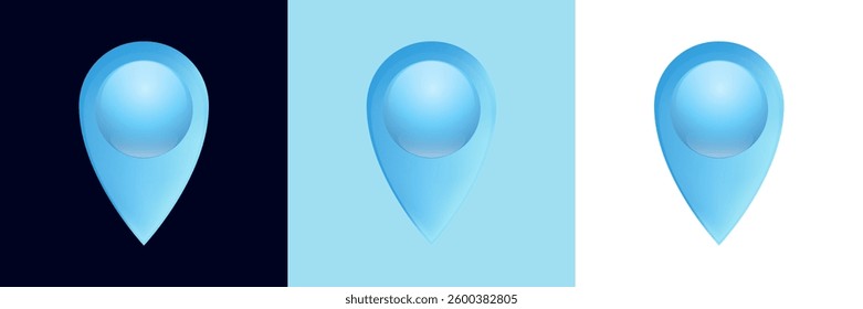 Three blue map pin icons show light and shade contrasts, highlighting their 3d appearance.