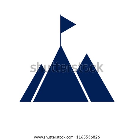 Three blue mountains with flag on top icon isolated on white background. Vector illustration. Climbing icon.