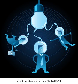 Three blue neon office men with space helmet on their heads connected to the light bulb. Teamwork and one idea for startups.