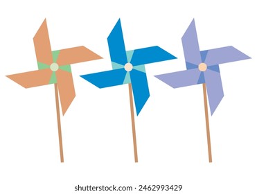Three blue, orange and purple toy pinwheels for children.