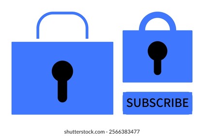 Three blue padlocks with a subscribe button in minimalist style. Ideal for security, access, subscription services, online platforms, and digital content protection themes