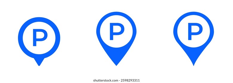 Three blue parking icons featuring pin shapes, each with a bold letter p in a circle.