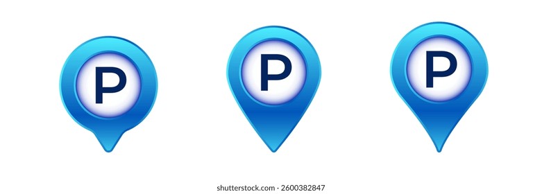 Three blue parking icons featuring the letter p inside pin-shaped symbols. each has a unique design.