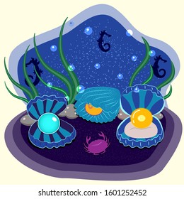 Three blue pearls in a shell under water. Bright picture, blue tones, water bubbles, algae, stones, pearl, seahorses, crab. Illustration, vector, design.