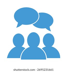 três pessoas azuis com balões de fala, trabalho em equipe e interação social em um grupo, comunicação.

