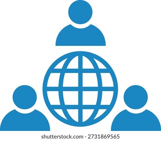 Three blue people surrounding a blue globe on white background network connection