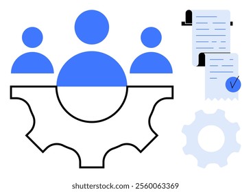 Three blue person icons above a large cogwheel and one document paper icon with blue tick. Ideal for business teamwork, collaboration efficiency, workflow optimization, project management