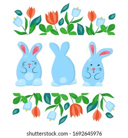 Three blue rabbits are surrounded by a frame of bright spring flowers. Illustration isolated on a white background