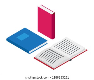Three blue and red books open and closed in various positions isolated on white. Vector colorful poster of paper source of information